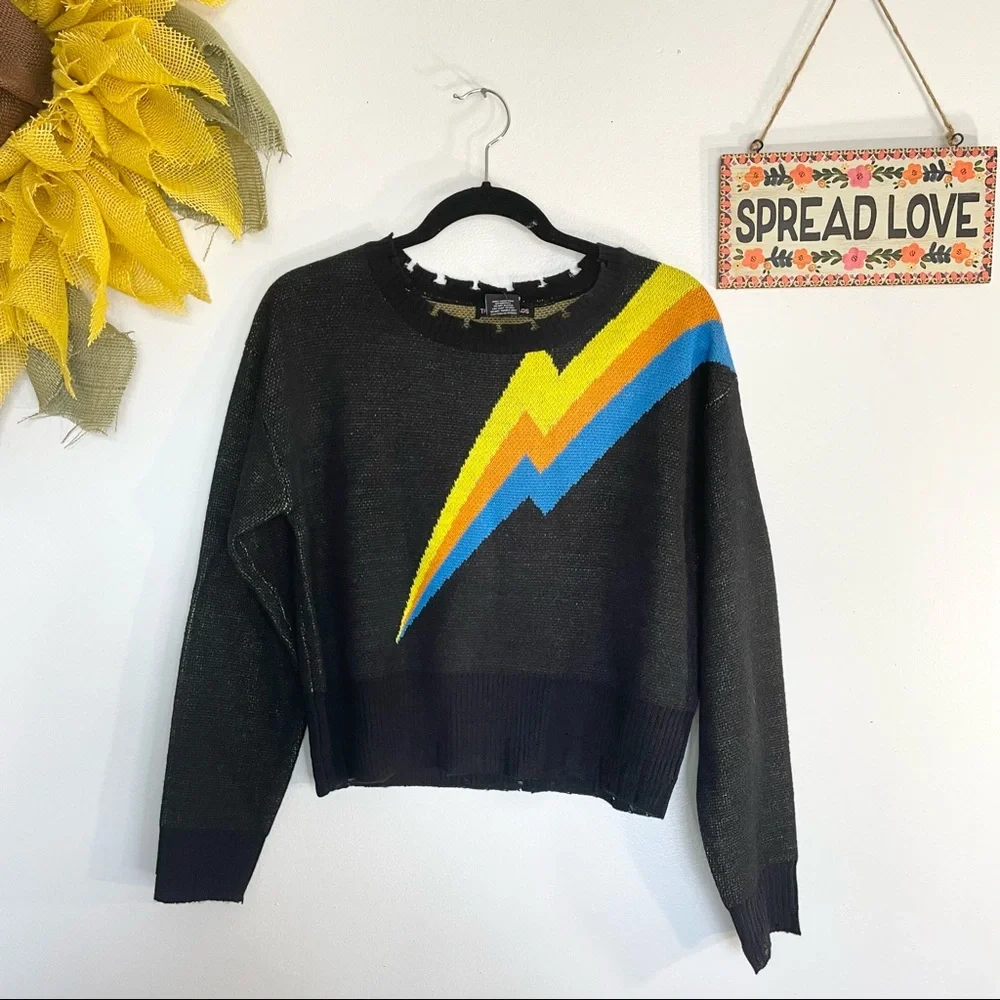 S, M, L NWT DISTRESSED BLACK YELLOW ORANGE BLUE CREW NECK SWEATER - Picture 1 of 8